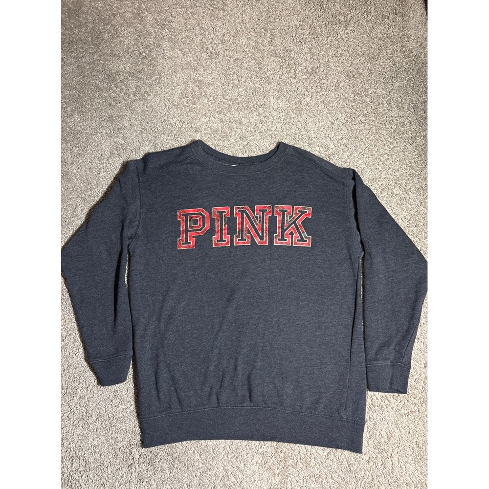 Victorias Secret PINK Sweatshirt Womens XS Gray Red Plaid Logo Crewneck Pullover